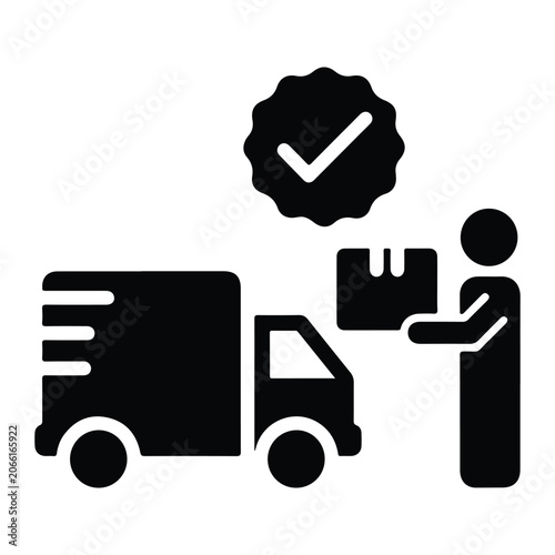 Delivery person holding package next to truck with verified checkmark