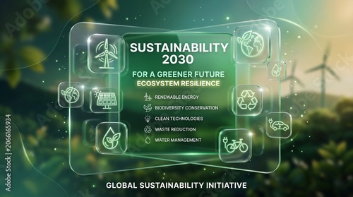 Sustainability 2030 digital interface displaying eco friendly icons and renewable energy goals for a greener future with innovative technology concepts set against a blurred green background