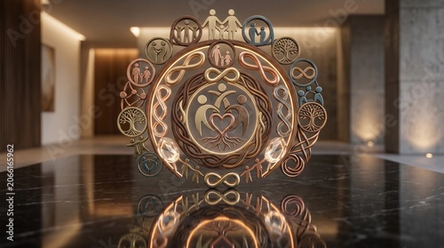 Intricate metallic family tree sculpture featuring golden infinity symbols and human silhouettes placed on a polished marble surface with soft ambient lighting in a modern interior