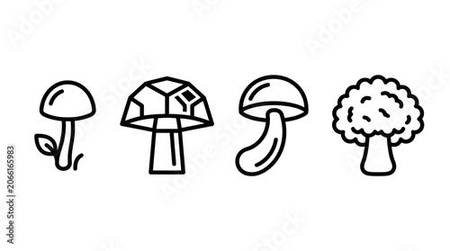 Tableau sur toile Mushroom Icons Set: Various Fungi Shapes, Line Art, Vector Graphics