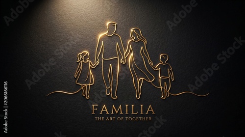 Elegant golden line art illustration depicting a happy family of four holding hands together on a dark textured background created with a sophisticated metallic glowing style
