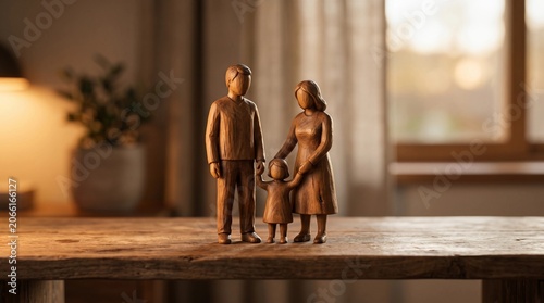 Handcrafted wooden family figurine featuring a father mother and small child standing together on a rustic timber table illuminated by soft natural warm indoor lighting