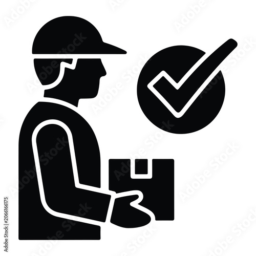 Delivery person with package, checkmark black silhouette on white background