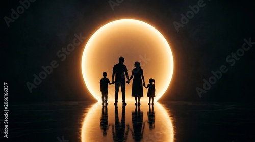 Silhouette of a loving family holding hands standing together in front of a bright glowing circular light source capturing a warm emotional moment of unity