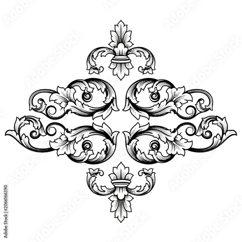 Ornate Baroque Scrollwork Decorative Element Black and White.