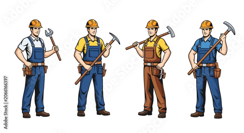 Set of four professional construction workers holding various tools in uniform.