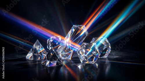 Multiple geometric glass crystals reflect vibrant light beams creating a beautiful spectral display of rainbow colors against a dark background in this high resolution artistic composition