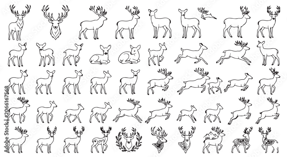 Fototapeta premium Collection of various hand-drawn reindeer icons for christmas themes with reindeer, christmas