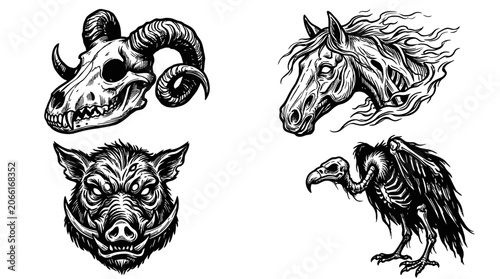 Tableau sur toile Dark Fantasy Creature Icons: Ram Skull, Horse, Boar, Vulture