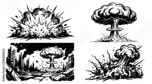 Schilderij op canvas Explosion Set: Atomic Bomb, Blast Waves, City Destruction