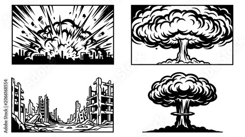 Canvastavla Explosion and destruction scenes, black and white comic style
