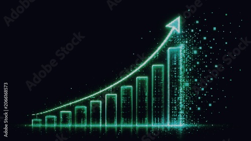 Growing Bar Graph with Upward Arrow and Digital Pixels