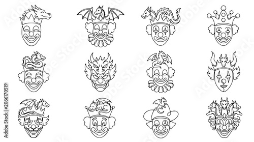Tableau sur toile Clown Faces with Mythical Dragon Headwear Line Art Collection