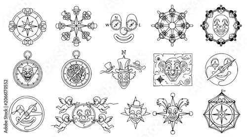 Foto Clown Faces and Nautical Symbols Collection - Vintage Sketch Style