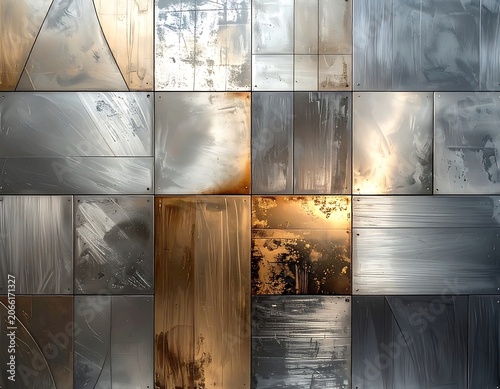 Mixed metallic panels with reflective surfaces.