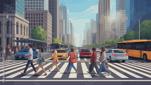 Photos People crossing a busy city street at a crosswalk with cars, buses, and tall buildings under a bright sky