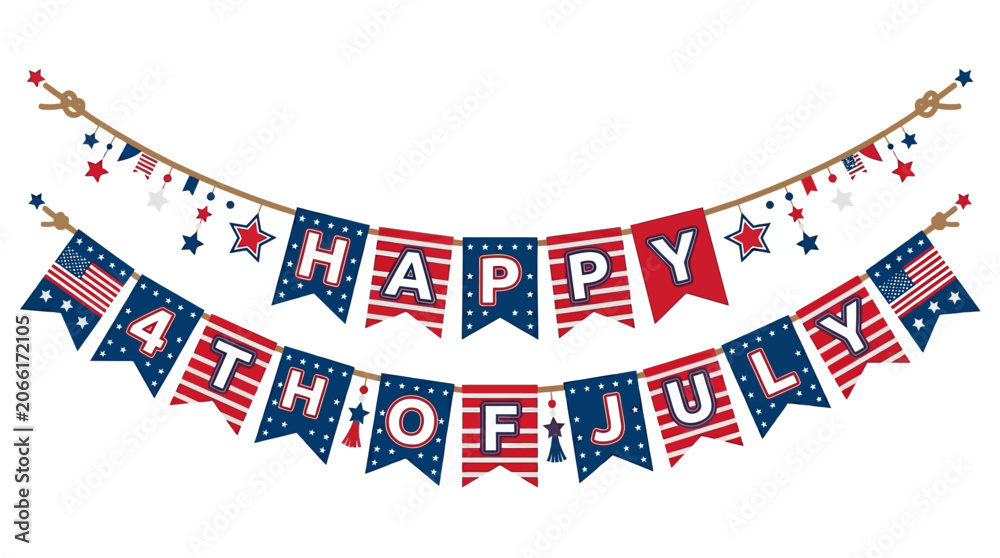 Fototapeta premium Patriotic banner, 4th of July decoration, American flag garland, Independence Day bunting isolated on White Background