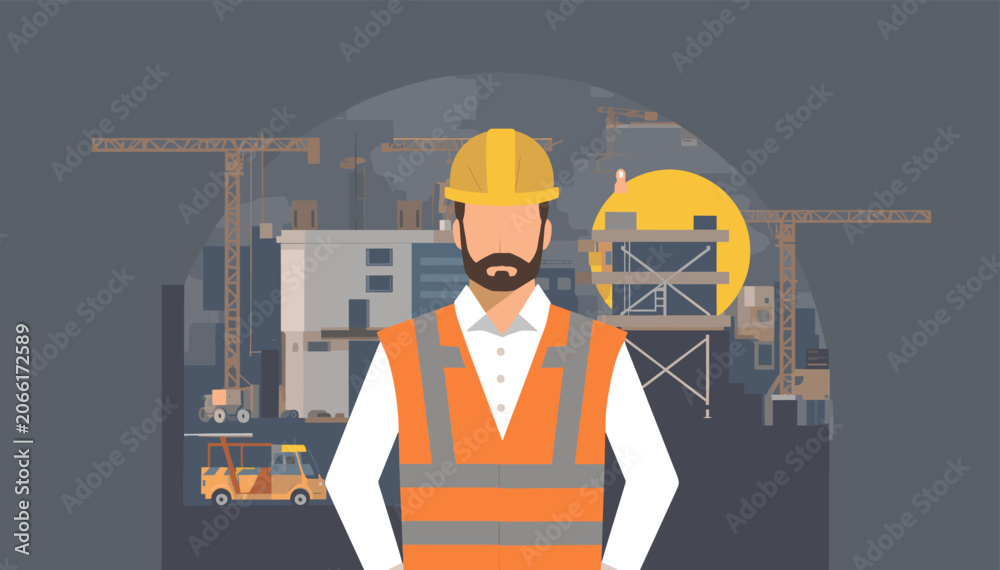 Fototapeta premium A construction worker in a high-visibility vest and hard hat stands in front of a building site with cranes and equipment.