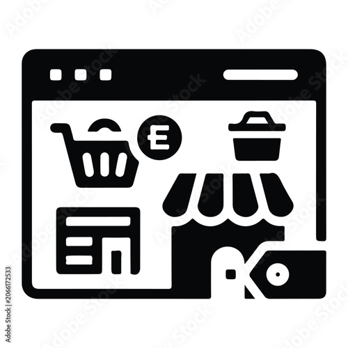E-commerce website interface with shopping cart, storefront, and price tag