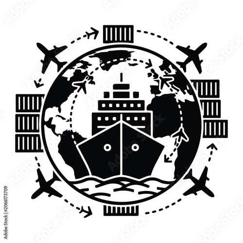 Global shipping black and white, map with ship, airplanes, and containers