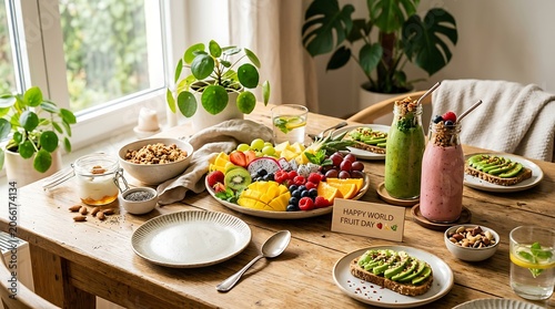 Vibrant Healthy Breakfast Spread with Fresh Fruits Smoothies and Avocado Toast.