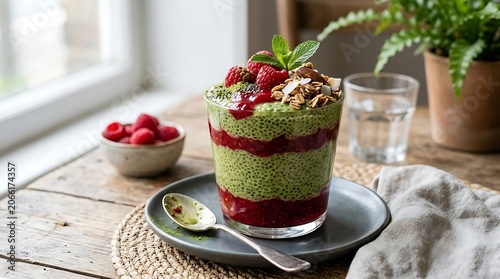Delicious layered green smoothie with raspberries and granola in a glass by a window.