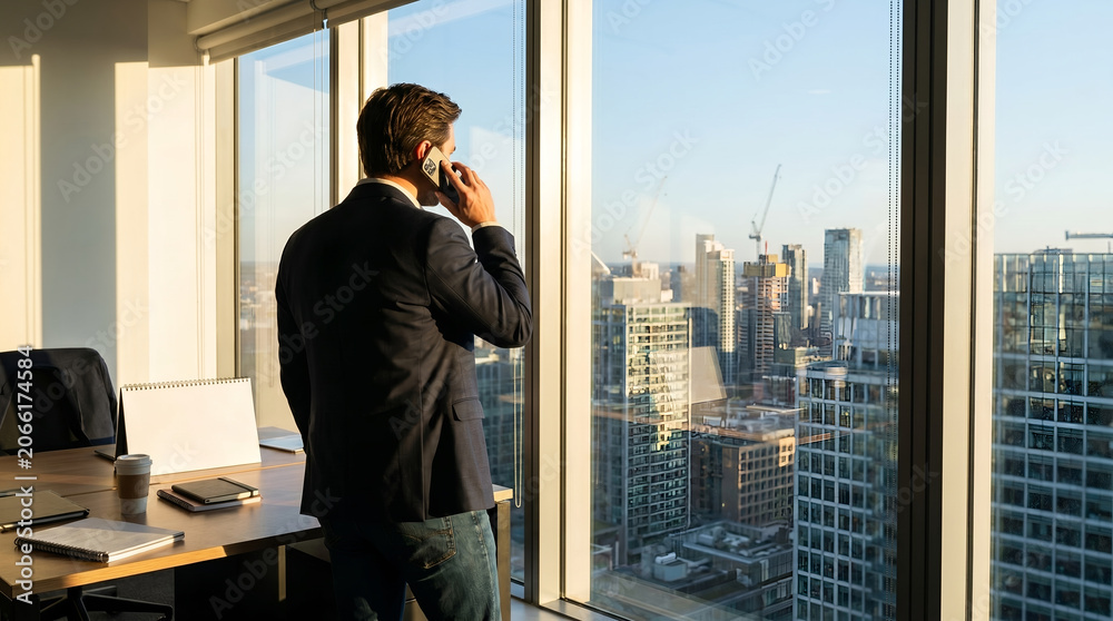 Fototapeta premium Businessman in suit jacket, with modern smartphone on call, standing and looking at skyscrapers, high rise office interior, executive business photography