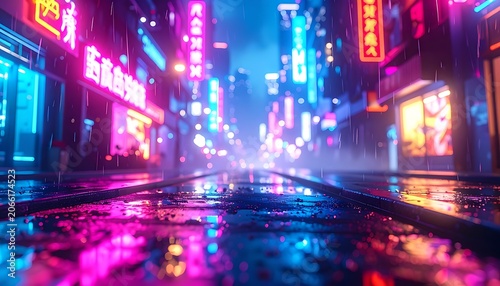 Neon City Street at Nighttime Rain.