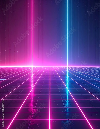 Neon grid background with laser lines.