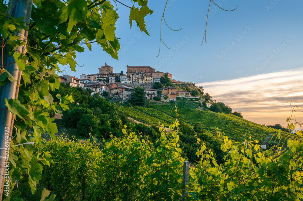 Fototapeta premium Scenic view of La Morra hilltop village framed by green grapevine leaves in Langhe, Cuneo, Piedmont, Italy. Picturesque countryside landscape with vineyards at sunset.