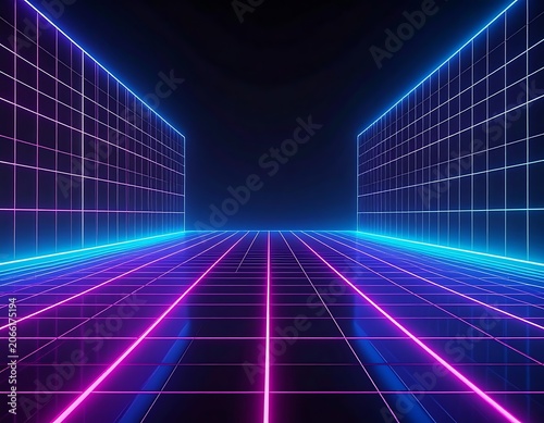Neon Grid Background with Purple Blue Lines.