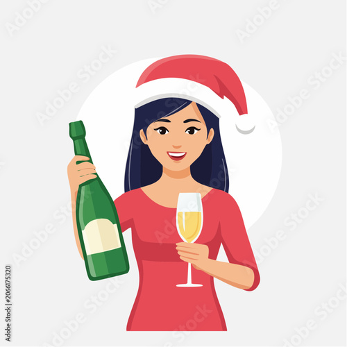 Woman in Santa Hat Holding Champagne Bottle and Glass