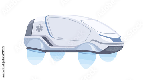 Tableau sur toile Futuristic White Hovering Ambulance Pod With Glowing Blue Propulsion
