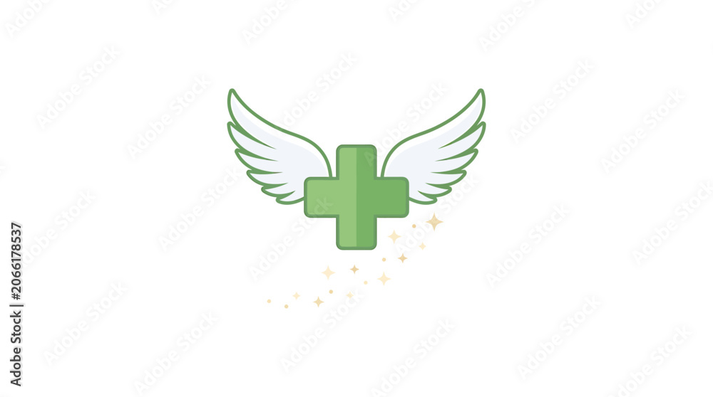 Fototapeta premium Green Medical Cross with Angel Wings Flying Upwards