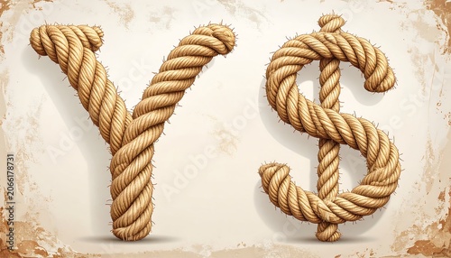 Worn parchment featuring a letter 'Y' and a dollar sign, both rendered in realistic twisted, thick rope
