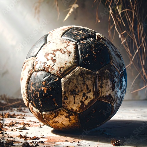 Worn soccer ball in dusty surroundings