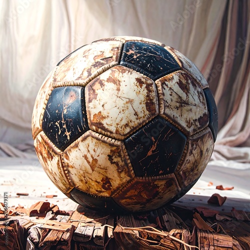 Worn soccer ball on wood