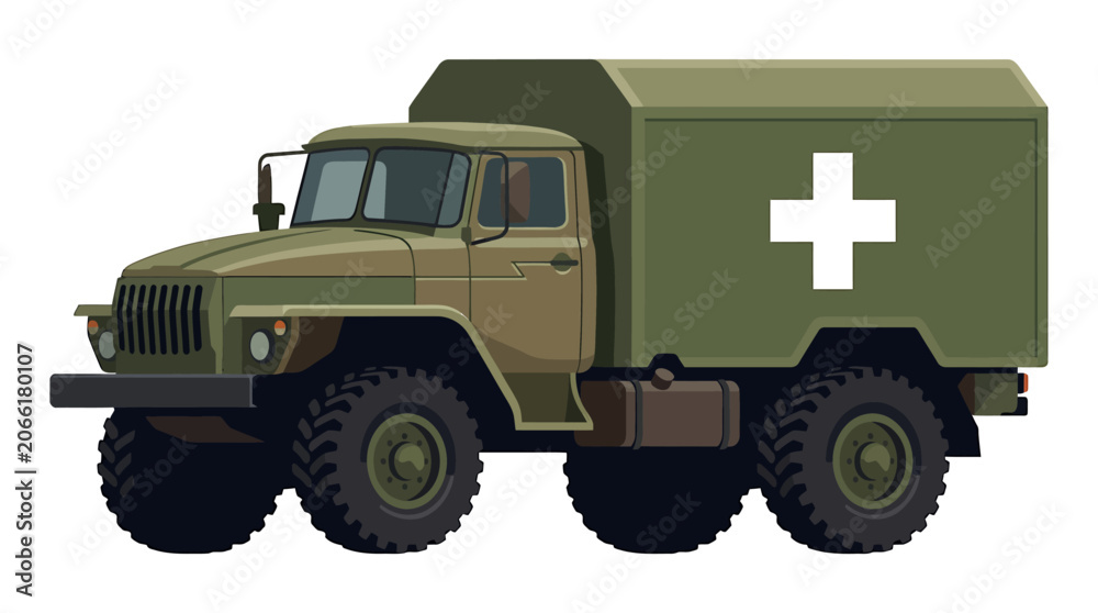 Obraz premium Heavy Duty Green Military Ambulance Truck With White Cross