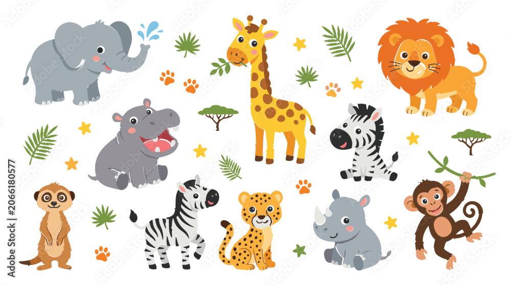 Fototapeta premium Cute safari animal collection featuring elephant giraffe lion zebra hippopotamus cheetah rhinoceros monkey and ostrich cartoon characters