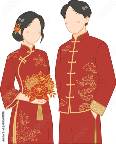 Elegant Chinese Wedding Couple Wearing Traditional Dragon and Phoenix Qun Kwa