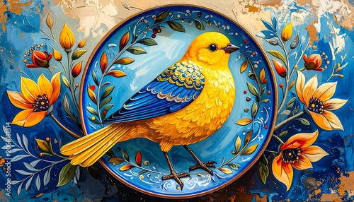 Yellow bird on a decorative plate