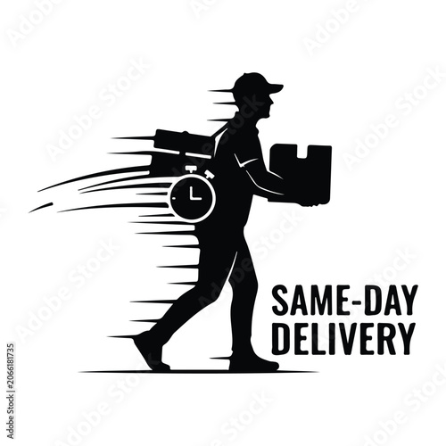 Same-day delivery concept with a running courier carrying packages