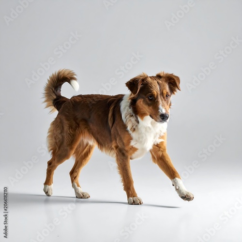 A brown and white dog with a fluffy tail and fur, standing on a white surface