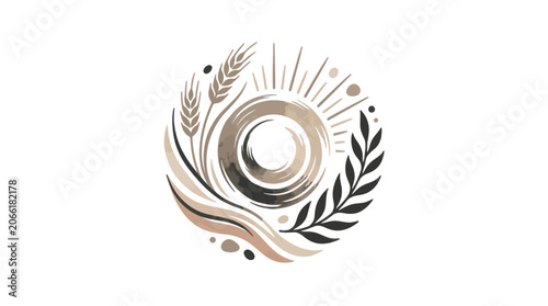 Abstract sun and wheat logo, organic shapes, earthy tones, natural harmony concept