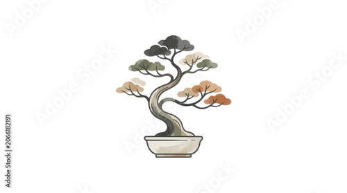 Artistic Bonsai Tree Illustration in a Pot, Miniature Tree Art, Zen Garden Decor
