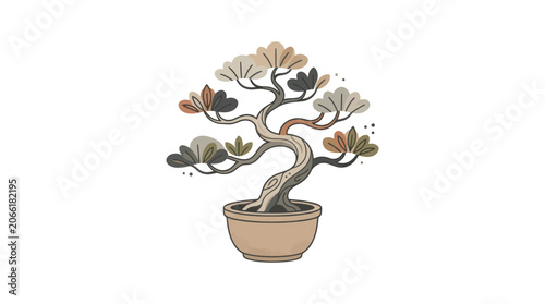 Stylized Bonsai Tree in Pot, Minimalist Asian Art, Green and Brown Palette