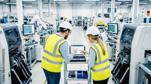 Engineers collaborating in a high-tech manufacturing facility, discussing data on a laptop. The scene is filled with advanced machinery and a sense of industrial progress
