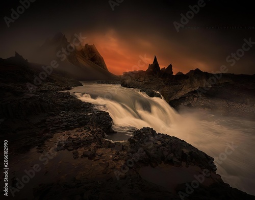 Volcano erupting at night with lava flowing in a dark landscape