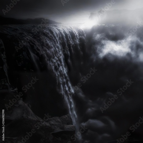 Waterfall cascading down dark rocks in stormy weather