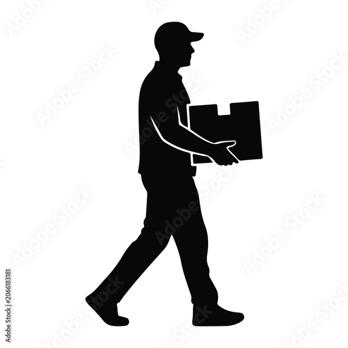 Silhouette of a courier walking alone, carrying a box